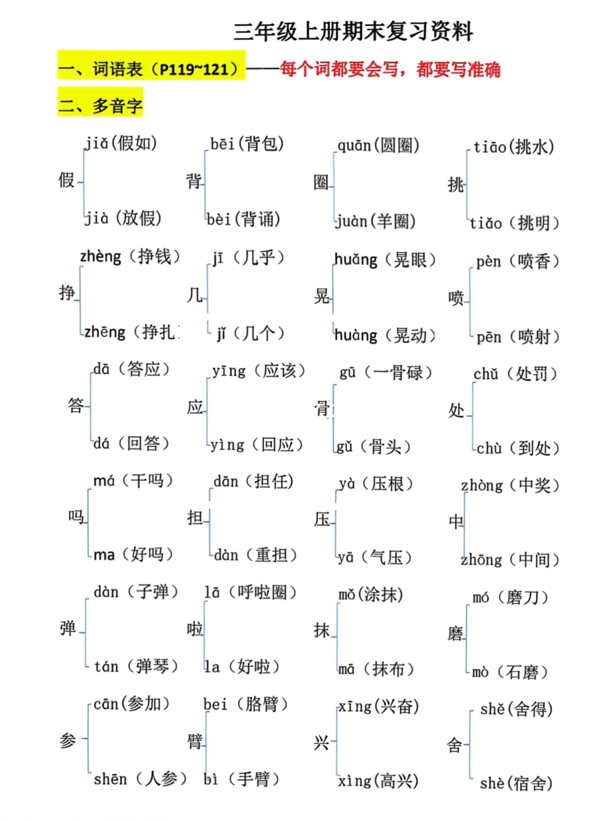 三年级上册语文期末复习必考汇总