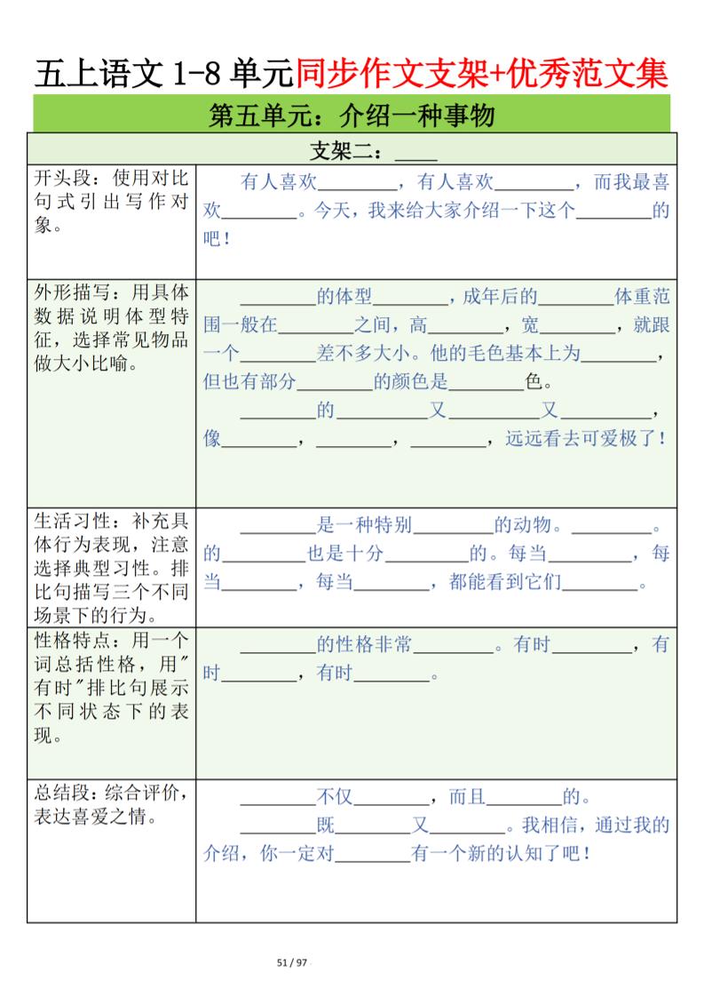 五年级上册语文第五单元作文支架＋优秀范文12页