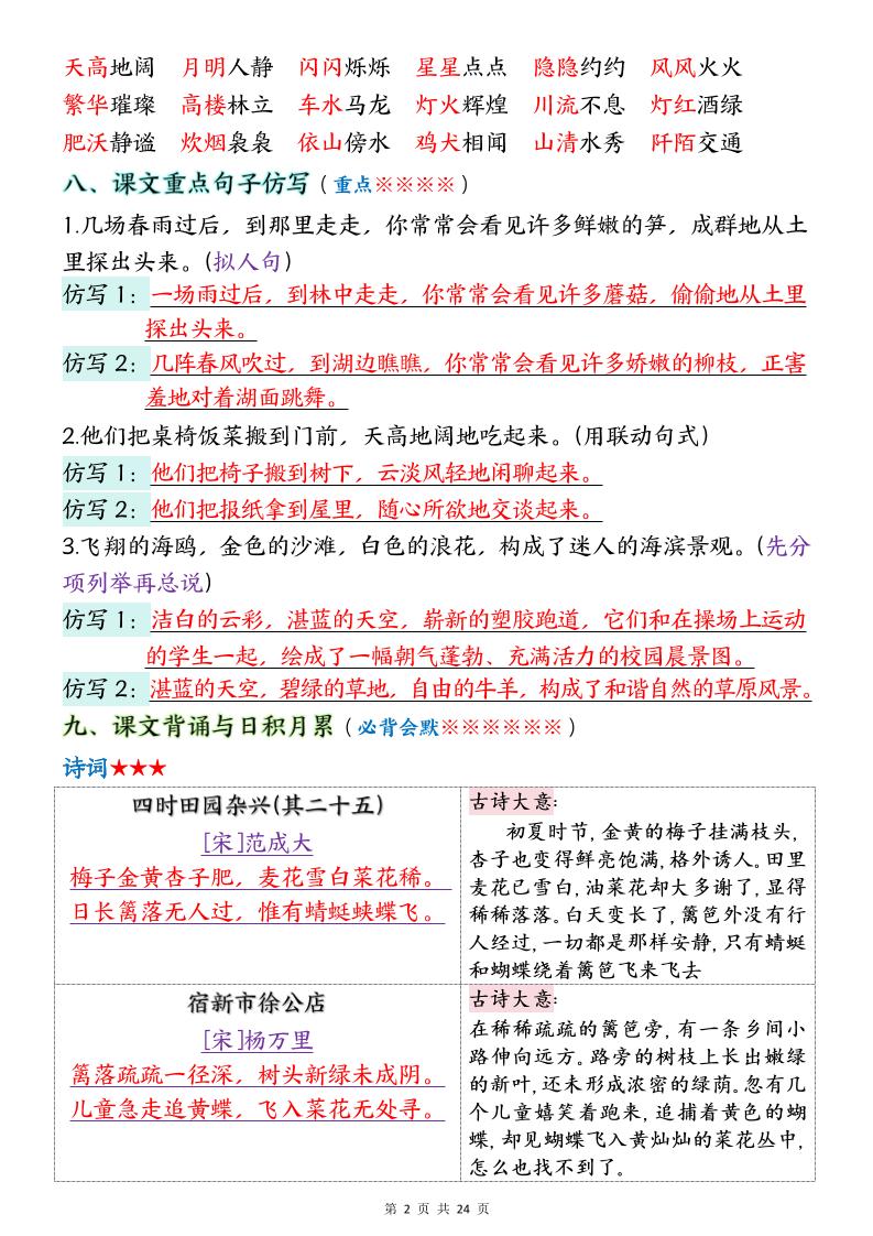 四年级下册语文期末1-8单元十大考点必背