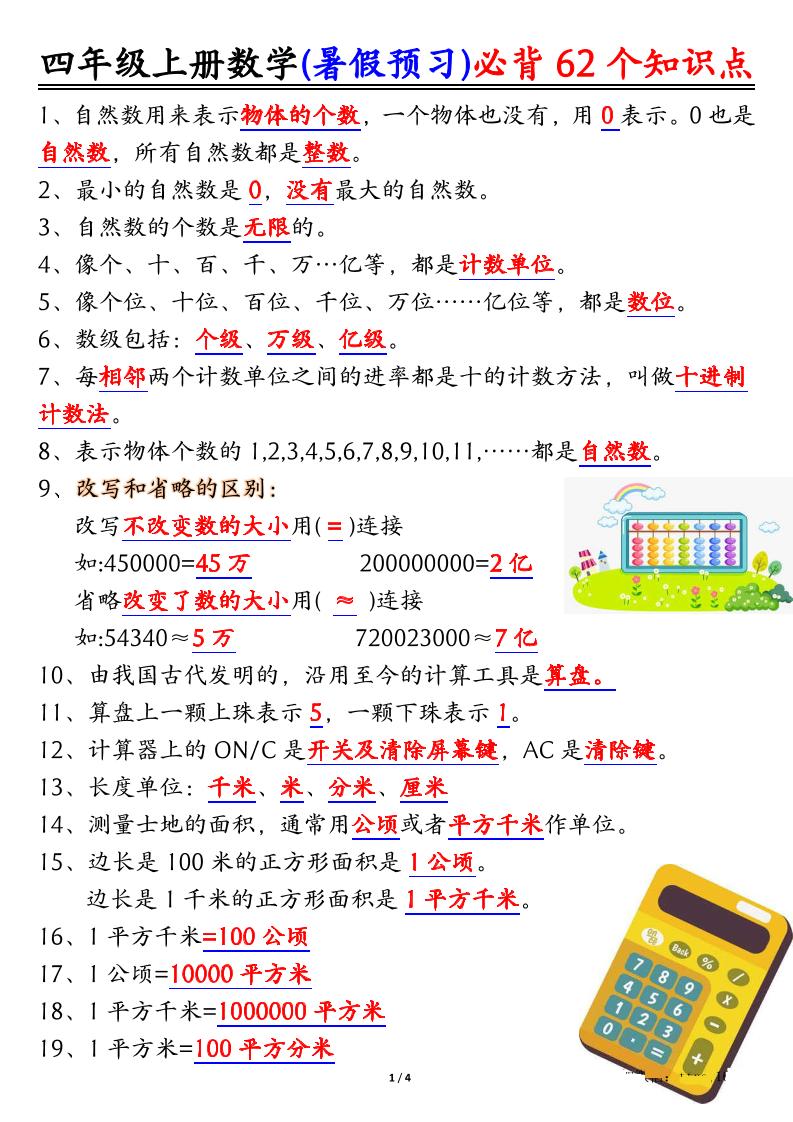 四年级上册数学暑假预习必背62个知识点归纳（4页）