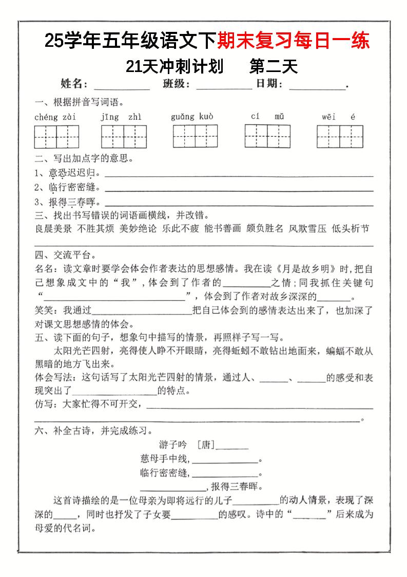 五年级下册语文期末复习每日一练冲刺21天计划21页