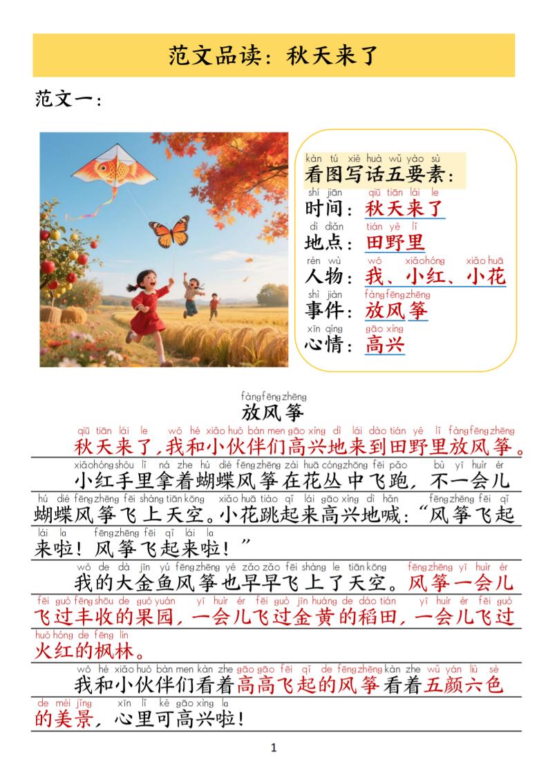 25秋一年级上册语文1-8单元看图写作范文（16页）