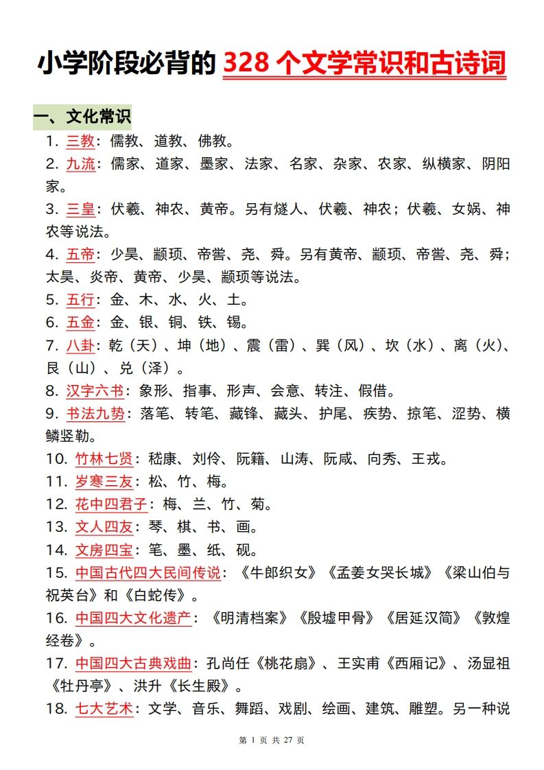 六年级下册语文小学阶段必背的328个文学常识和古诗词