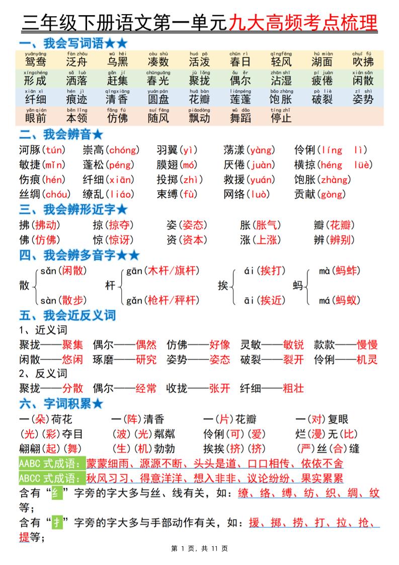 三年级下册语文期中复习1-4单元高频考点梳理（11页）
