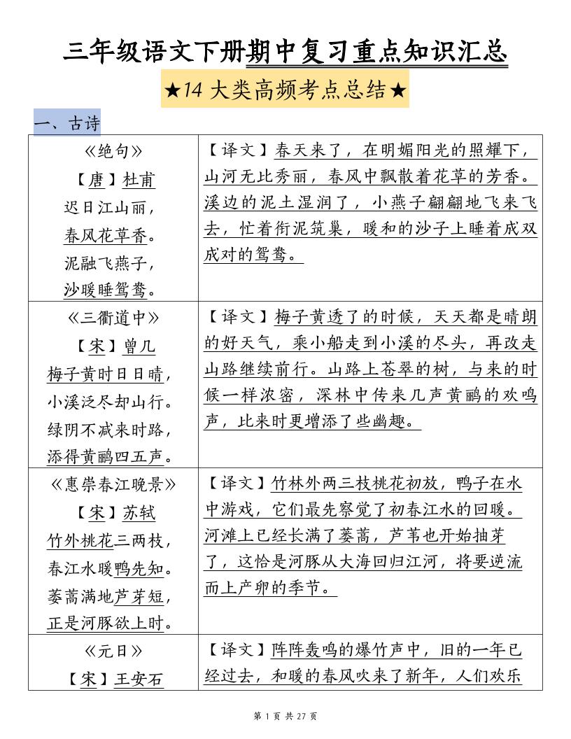 三年级下册语文期中复习重点知识汇总-14大高频考点