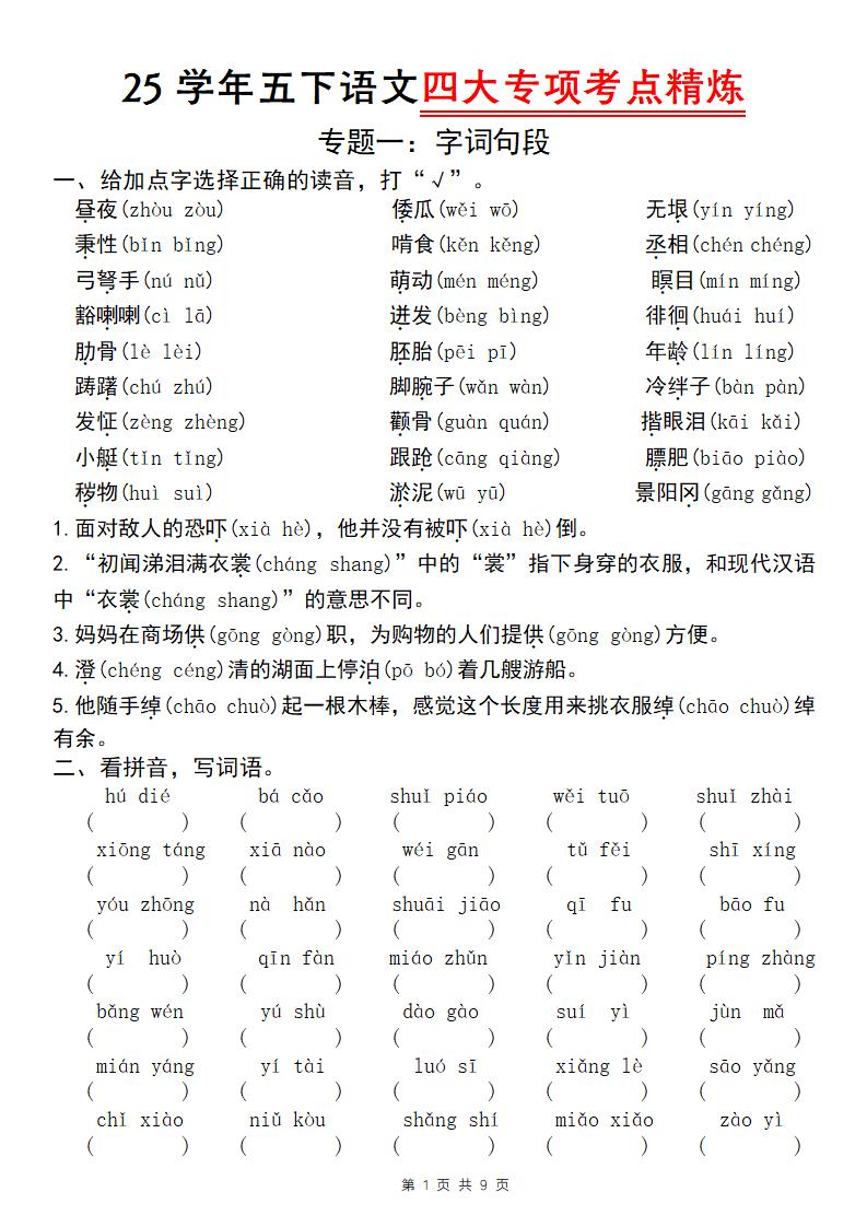25学年五年级下册语文四大专项考点精炼（专题一：字词句段）