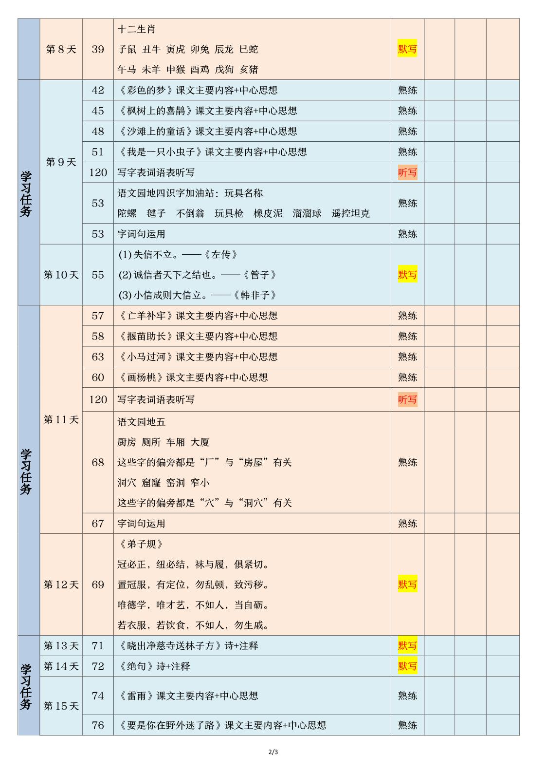 二年级下册语文【期末三轮复习法闯关表】（3页）