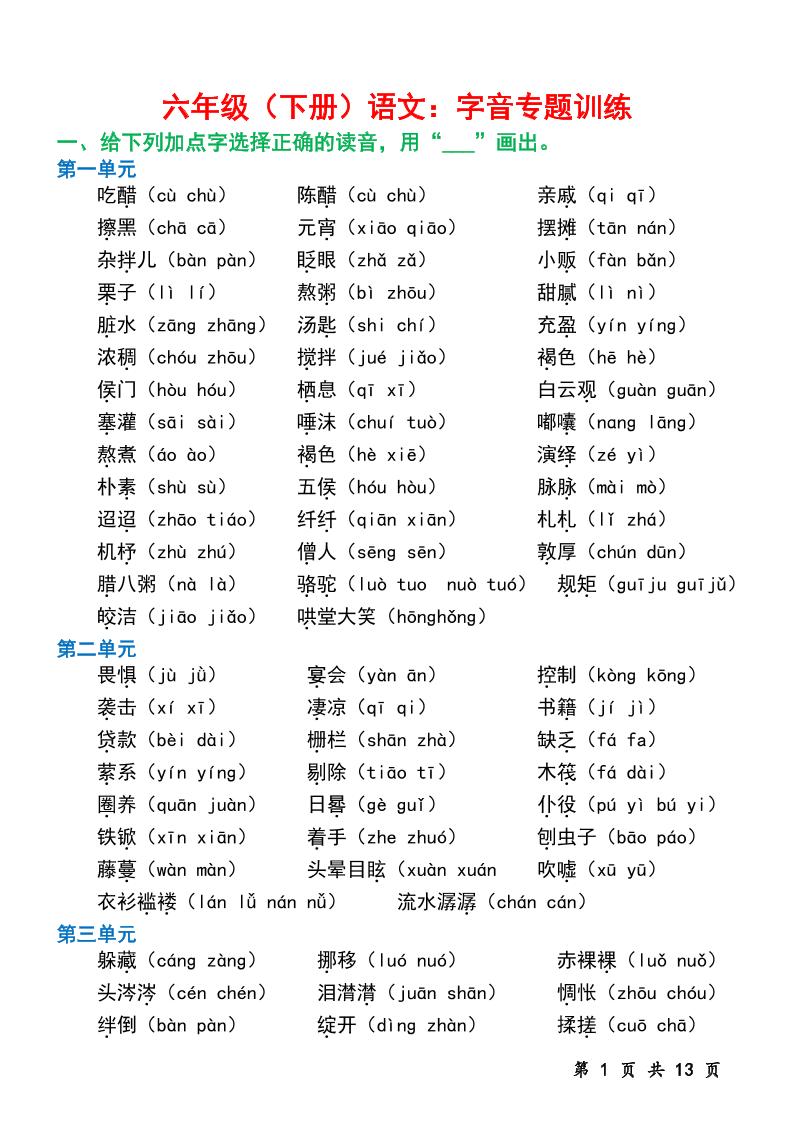 六年级下册语文字音专题训练（含13页）