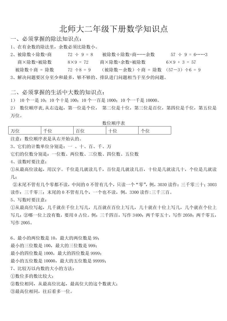 二年级上册北师大数学知识点汇总