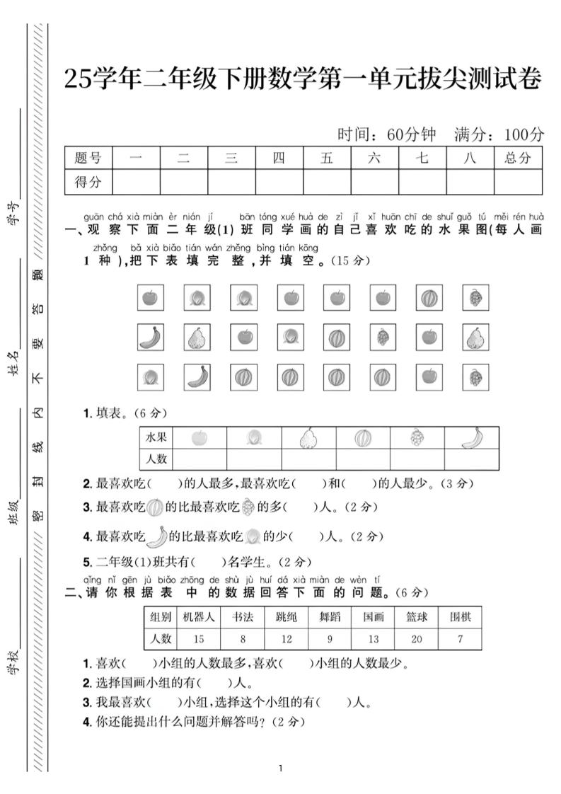 25二年级下册数学第一单元拔尖测试卷2（含答案5页）人教