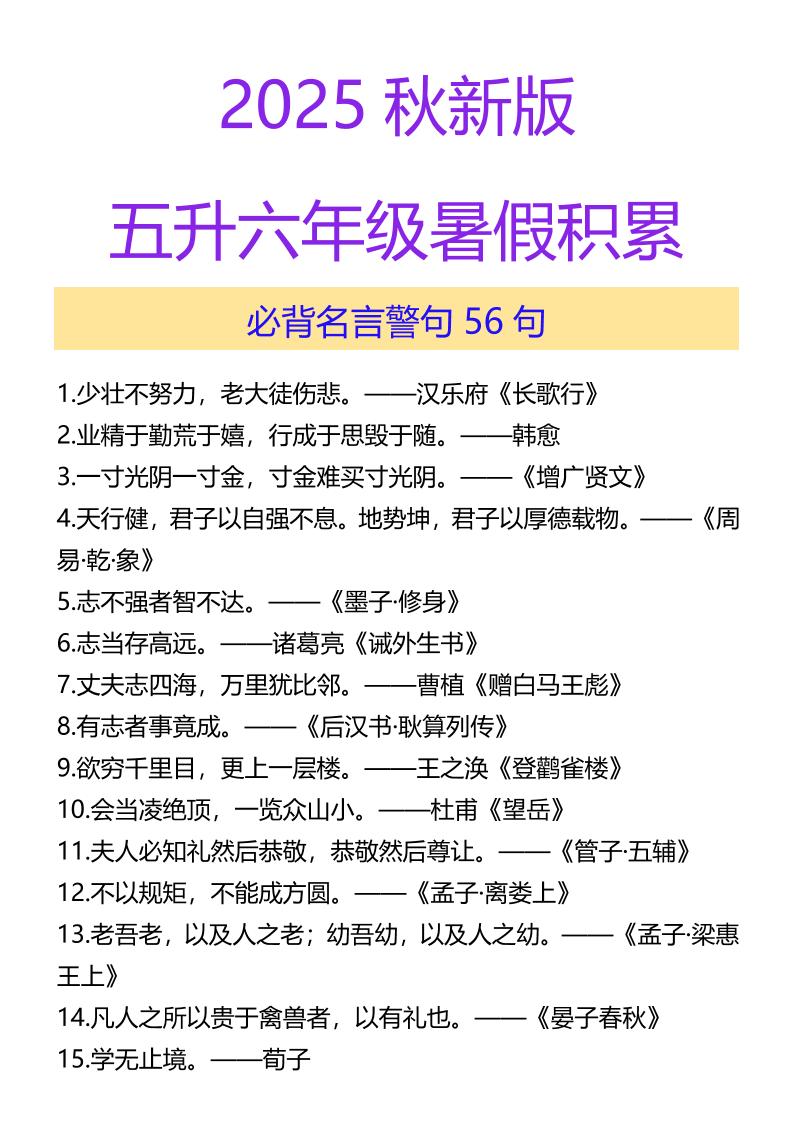 【2025秋新版】五升六年级暑假积累必背名言警句56句-六年级上册语文
