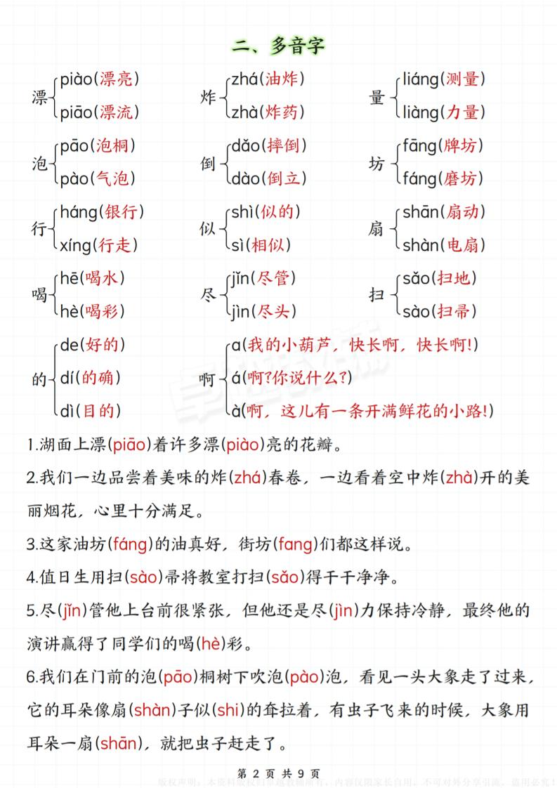 二年级下册语文易错核心考点汇总