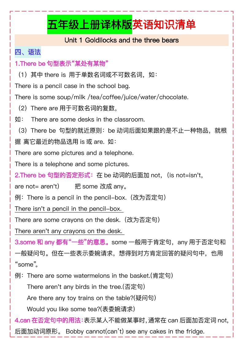 五年级上册译林版英语知识清单21页