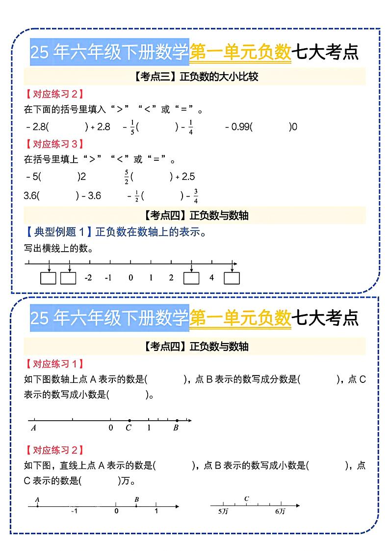 六年级下册数学人教负数七大考点小纸条