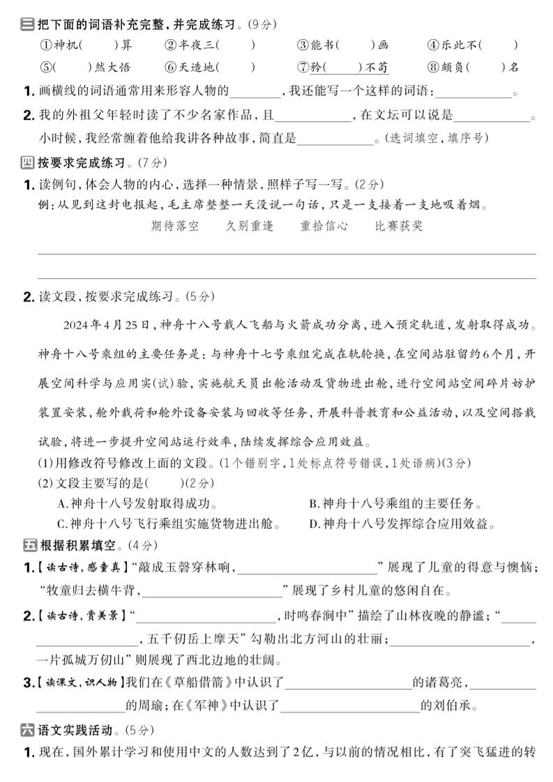 2024-2025学年五年级下语文期中综合素养评估卷