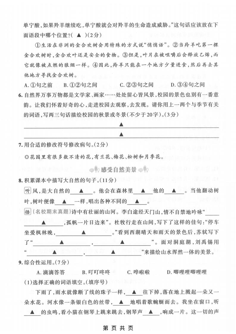 三年级上语文期末押题测试卷6