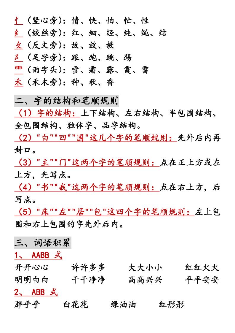 一年级上语文知识点归纳