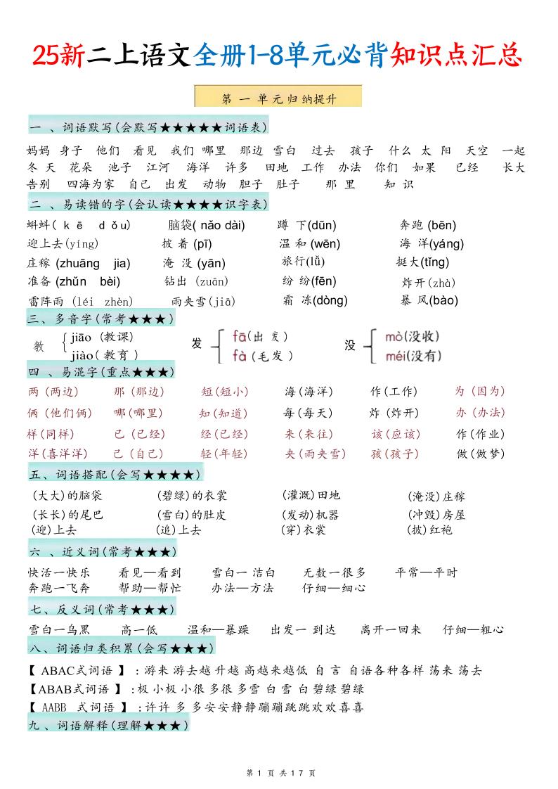 25新二年级上语文1-8单元必背知识点汇总