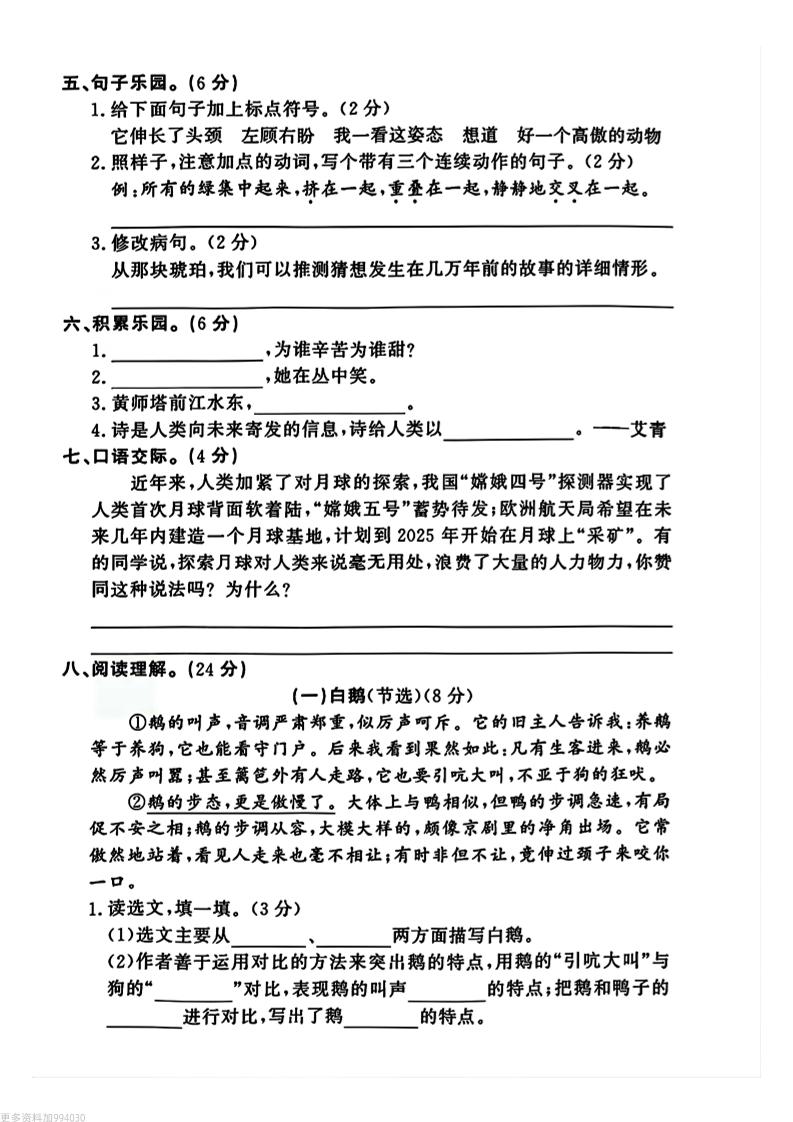 四年级下册语文期中押题卷