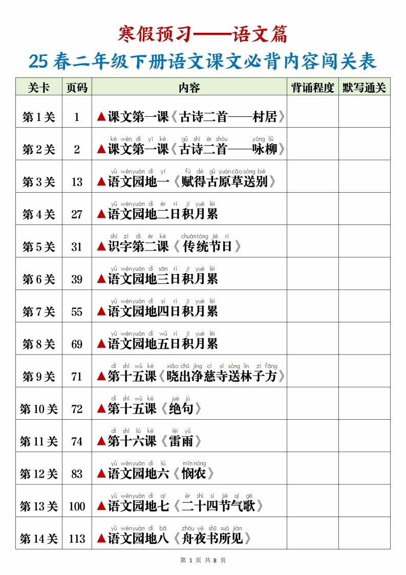 25春二年级下册语文课文必背内容闯关表+默写8页