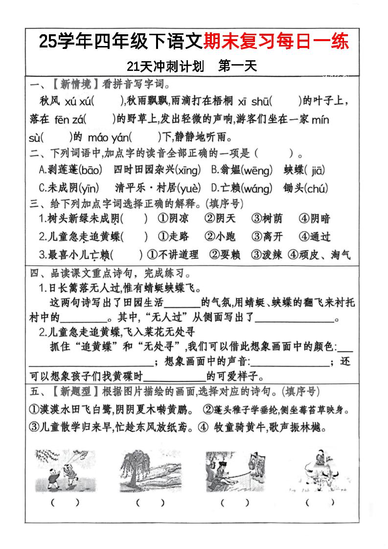 四年级下册语文期末复习每日一练冲刺21天计划21页