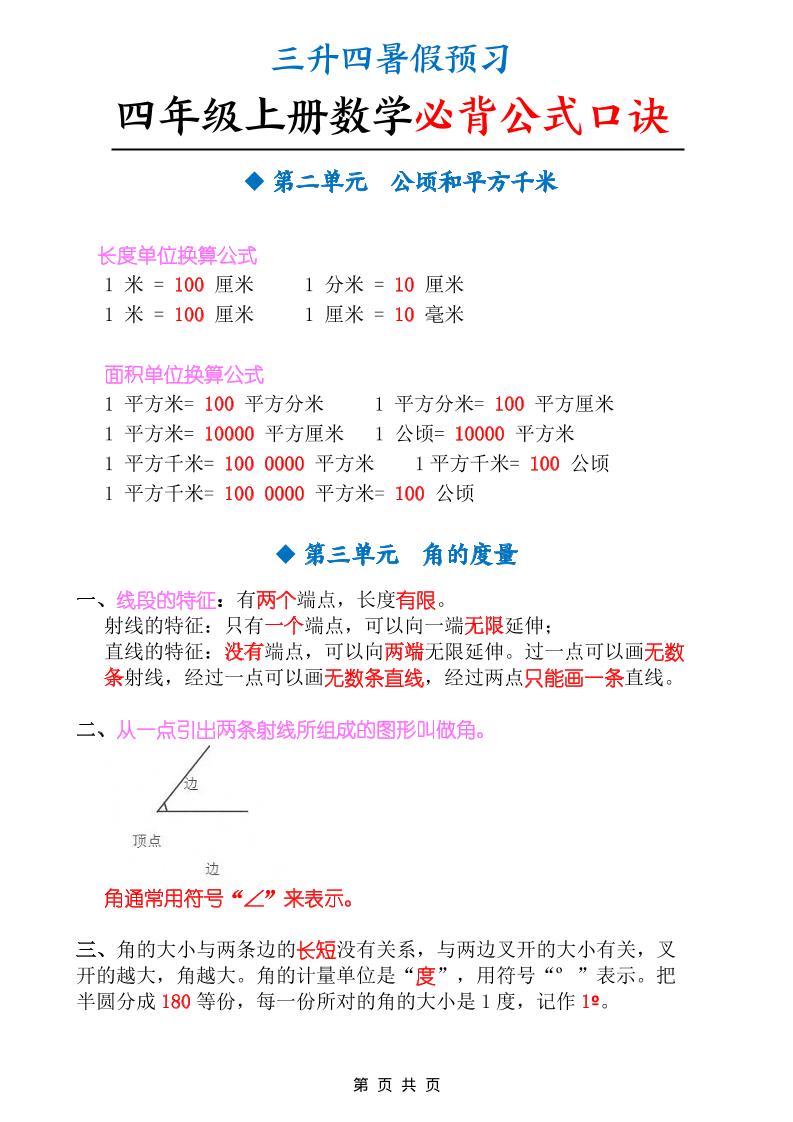 三升四暑假预习四年级上册数学必背公式口诀（9页）-四年级上册数学