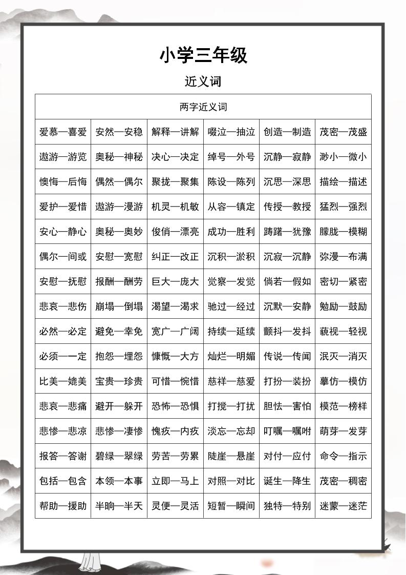 三年级上册语文-近义词和反义词汇总