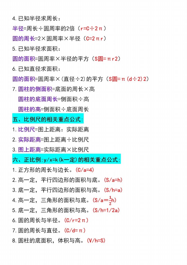 六年级下册数学必背重点公式汇总