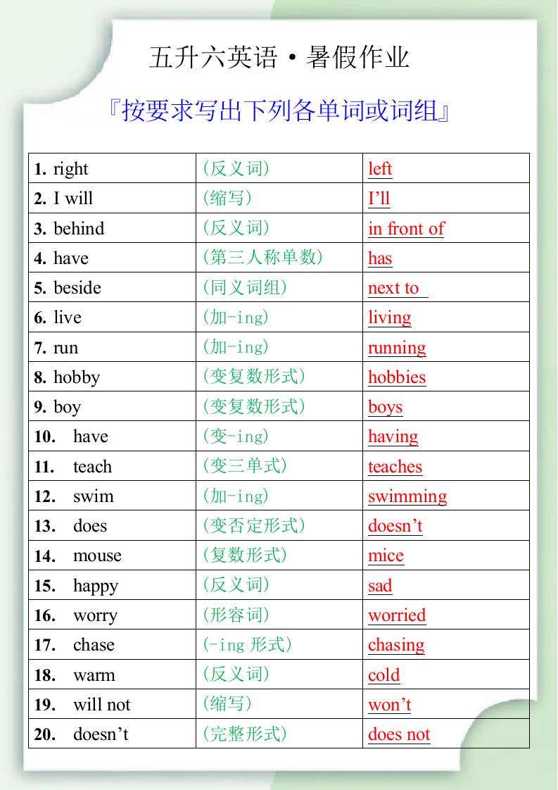 五升六英语暑假作业之按要求写出下列各单词或词组-六年级上册英语