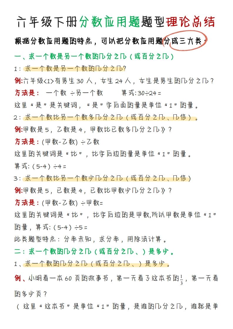 《分数应用题题型理论总结》六年级下册数学【北师版】