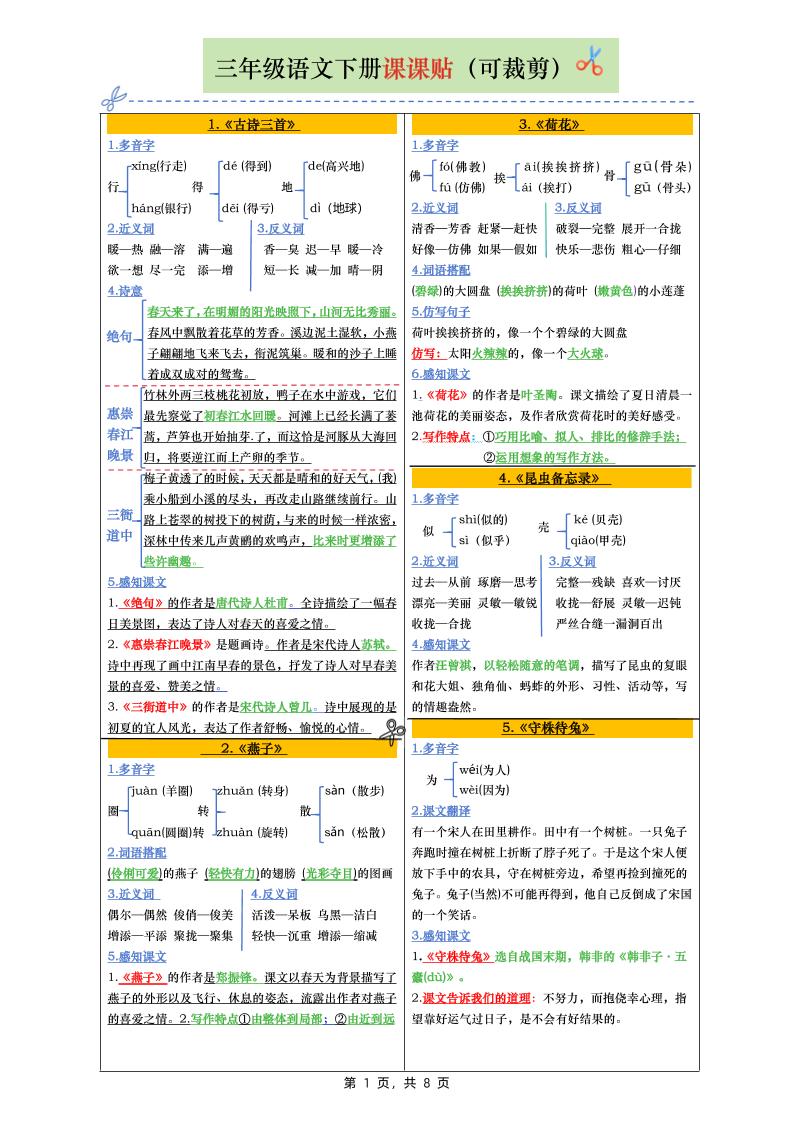 三年级下册语文全册彩色版课课贴（1-28课）8页