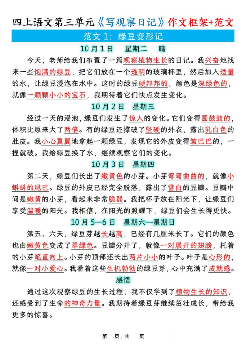 四年级上册语文第三单元《写观察日记》作文支架＋优秀范文10页