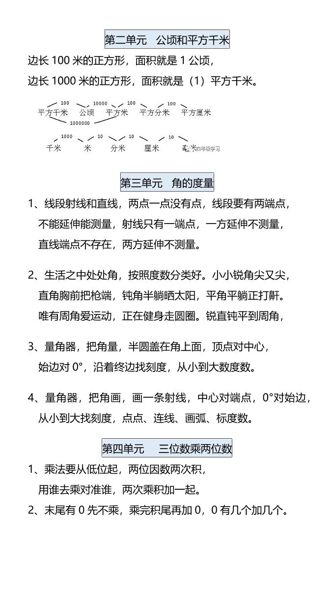 【2025秋新版】四年级数学上册各单元知识点顺口溜，假期学习