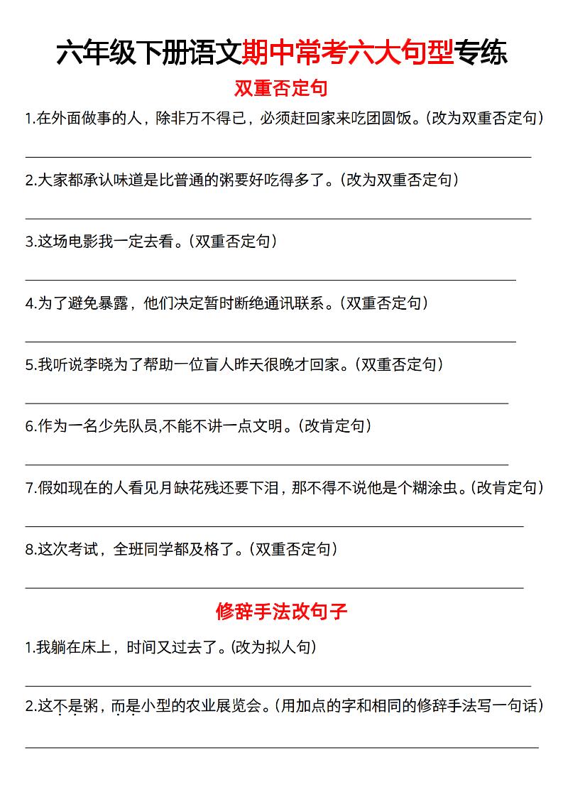 六年级下册语文《语文六大句型期中考点专练》
