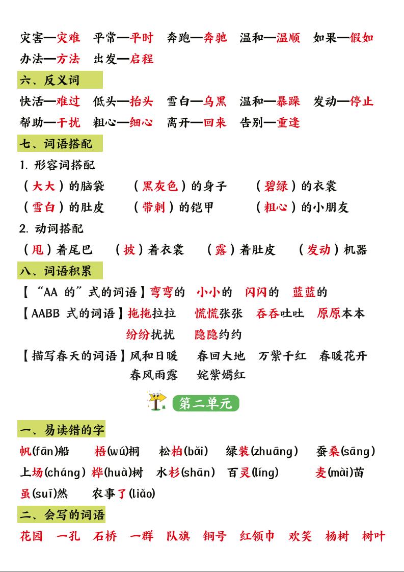 二年级语文上册1-8单元重点知识汇总