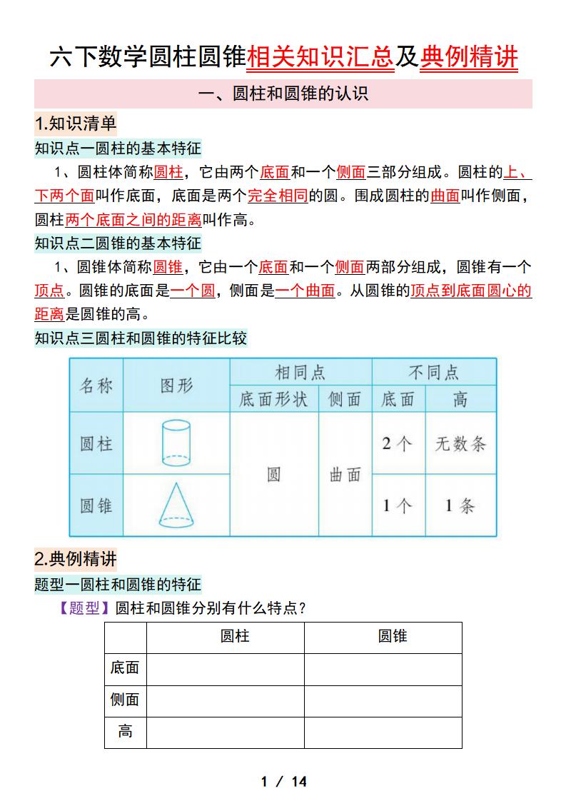 六年级下册数学圆柱圆锥相关知识汇总及典例精讲