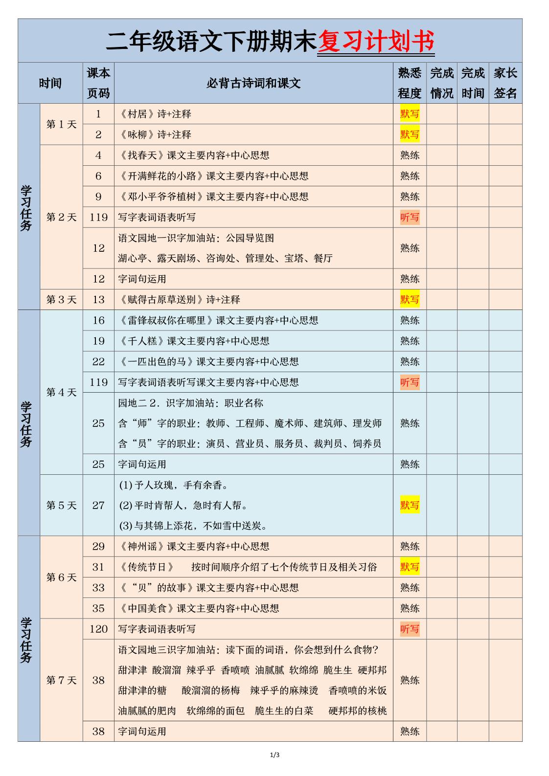 二年级下册语文【期末三轮复习法闯关表】（3页）