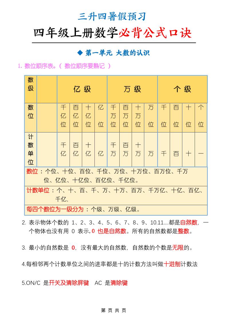 三升四暑假预习四年级上册数学必背公式口诀（9页）-四年级上册数学