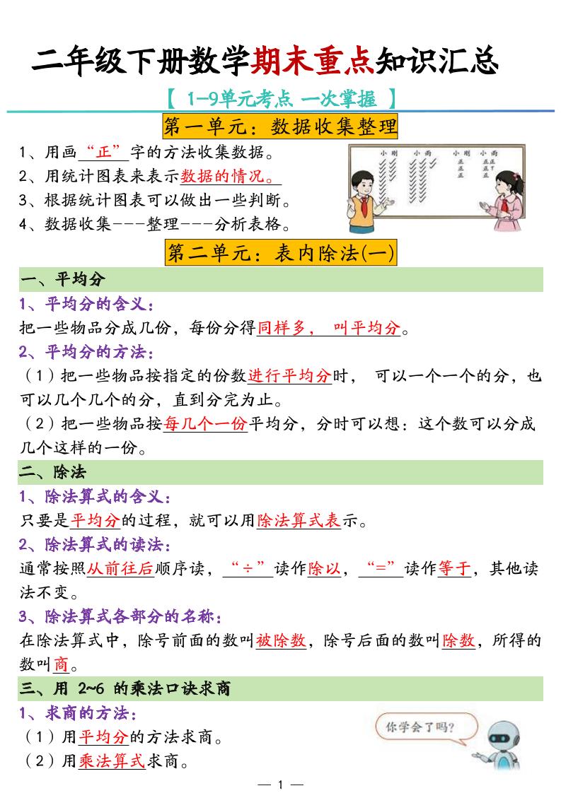二年级下册数学期末重点知识汇总