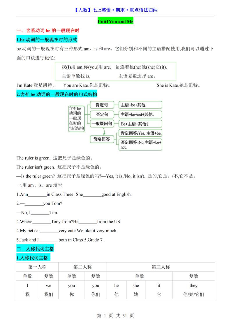 七年级上英语期末重点语法归纳（人教版）