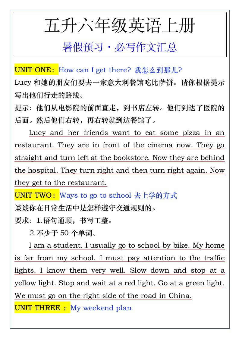 五升六年级英语上册暑假预习·必写作文汇总-六年级上册英语