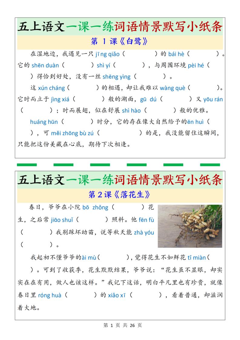 五年级上册语文一课一练词语情景默写小纸条（含答案26页）