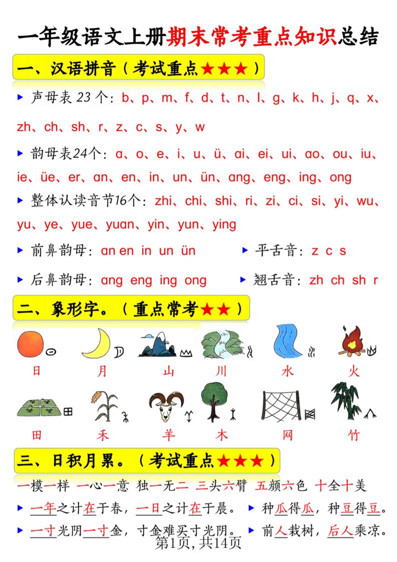 新一年级上册语文期末常考重点知识总结（15考点）14页