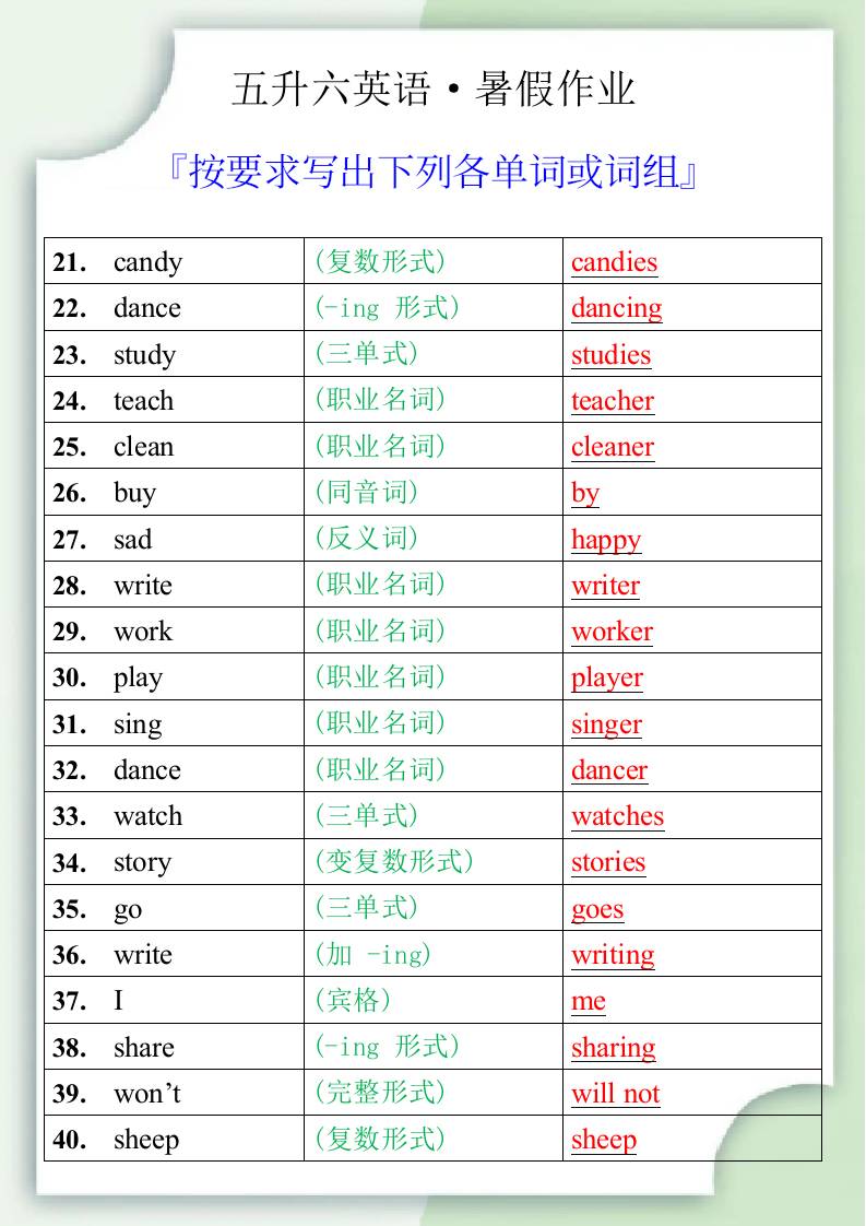 五升六英语暑假作业之按要求写出下列各单词或词组-六年级上册英语