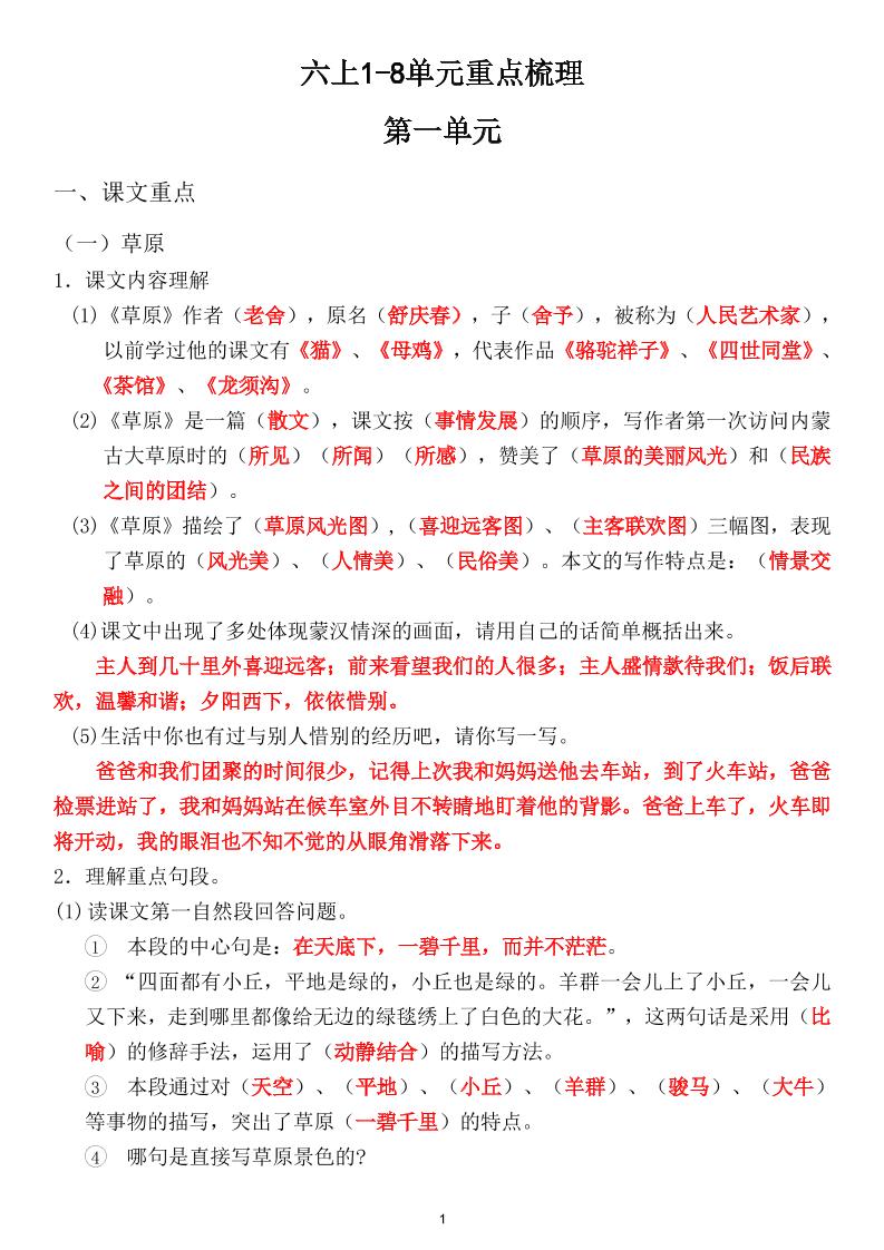 六年级上册1-8单元重点梳理（课文重点+语文园地）