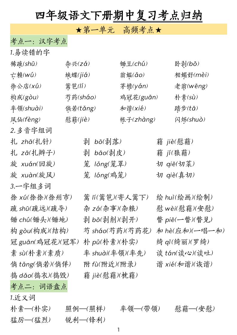 四年级下册语文期中常考知识点汇总(4)