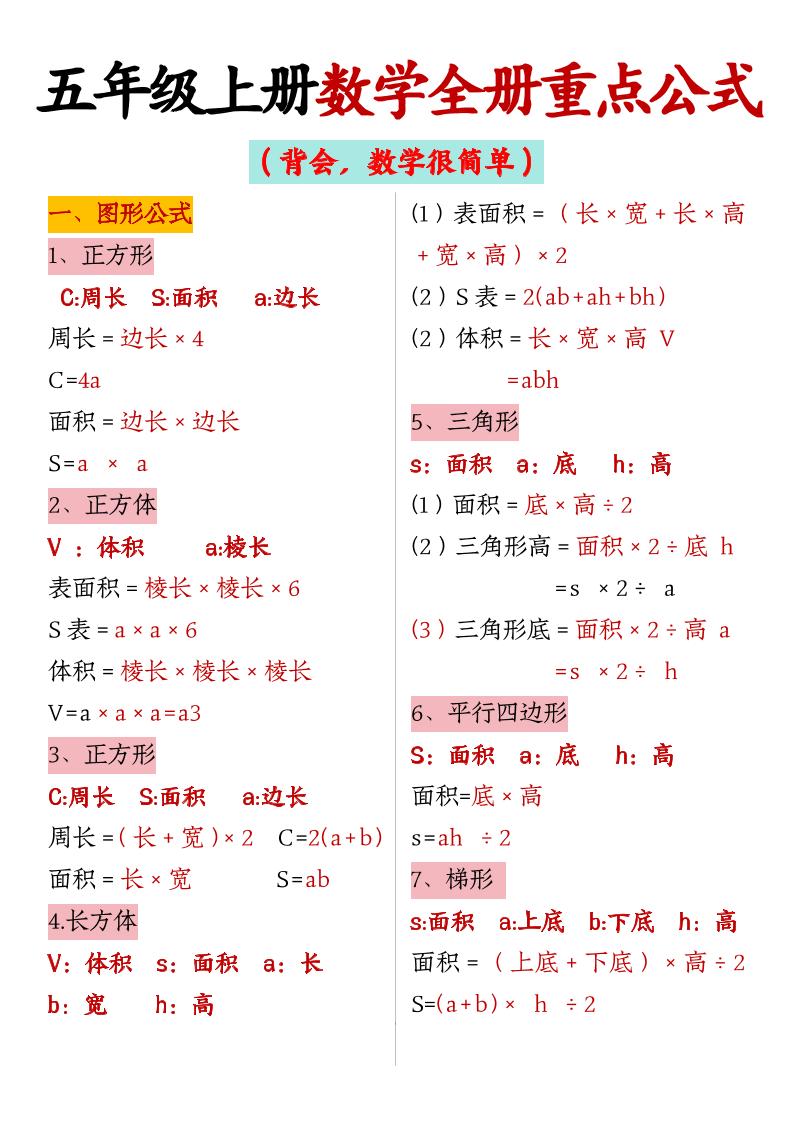 五年级上册数学【全册重点公式】