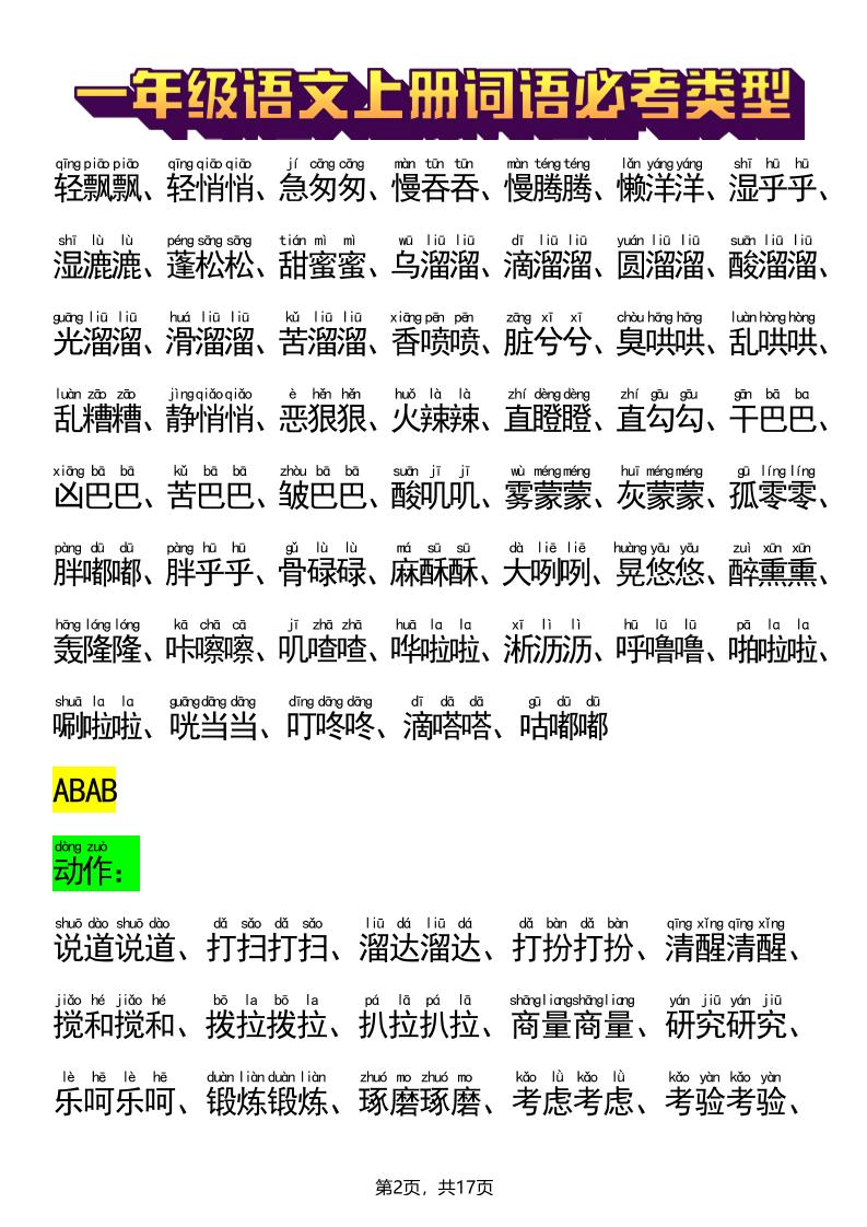 新一年级上册语文词语必考类型(ABB、ABAB、AABB、ABCC、AABC、ABAC、ABCB类词语)17页