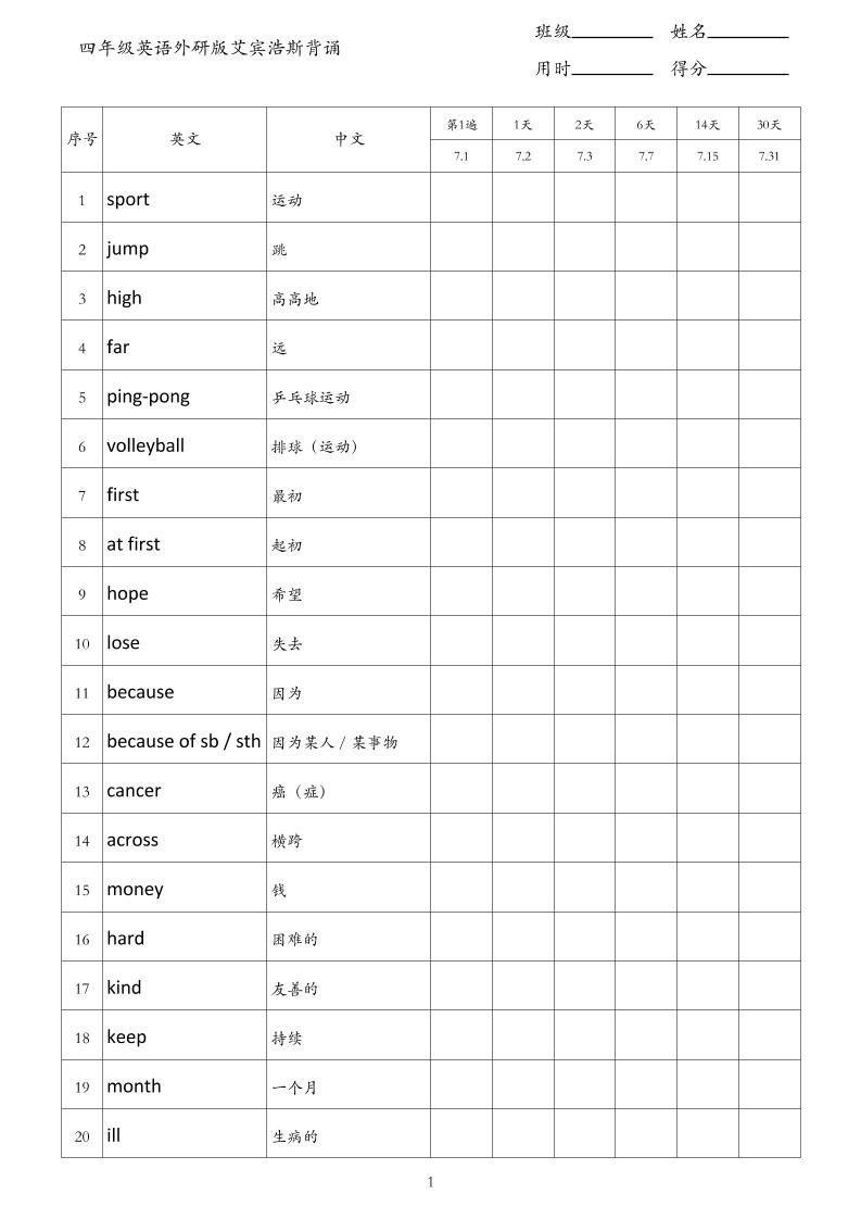 四年级英语外研版艾宾浩斯背诵-四年级上册英语