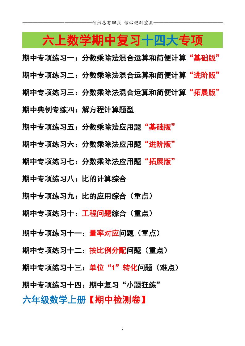 六年级上册数学期中专项复习（十四大专项）空白67页
